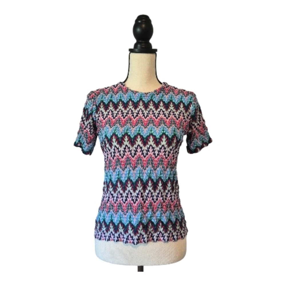 Vintage Top Short-Sleeve Knit  Pink Blue Green Chevron Back Zipper Womens Sz M